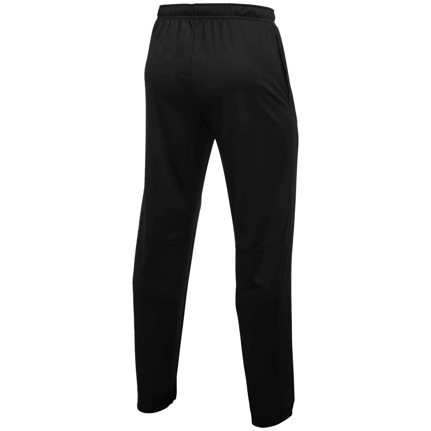A rear view of black athletic training pants featuring an elastic waistband, side pockets, and tapered legs with horizontal seams above the knees.