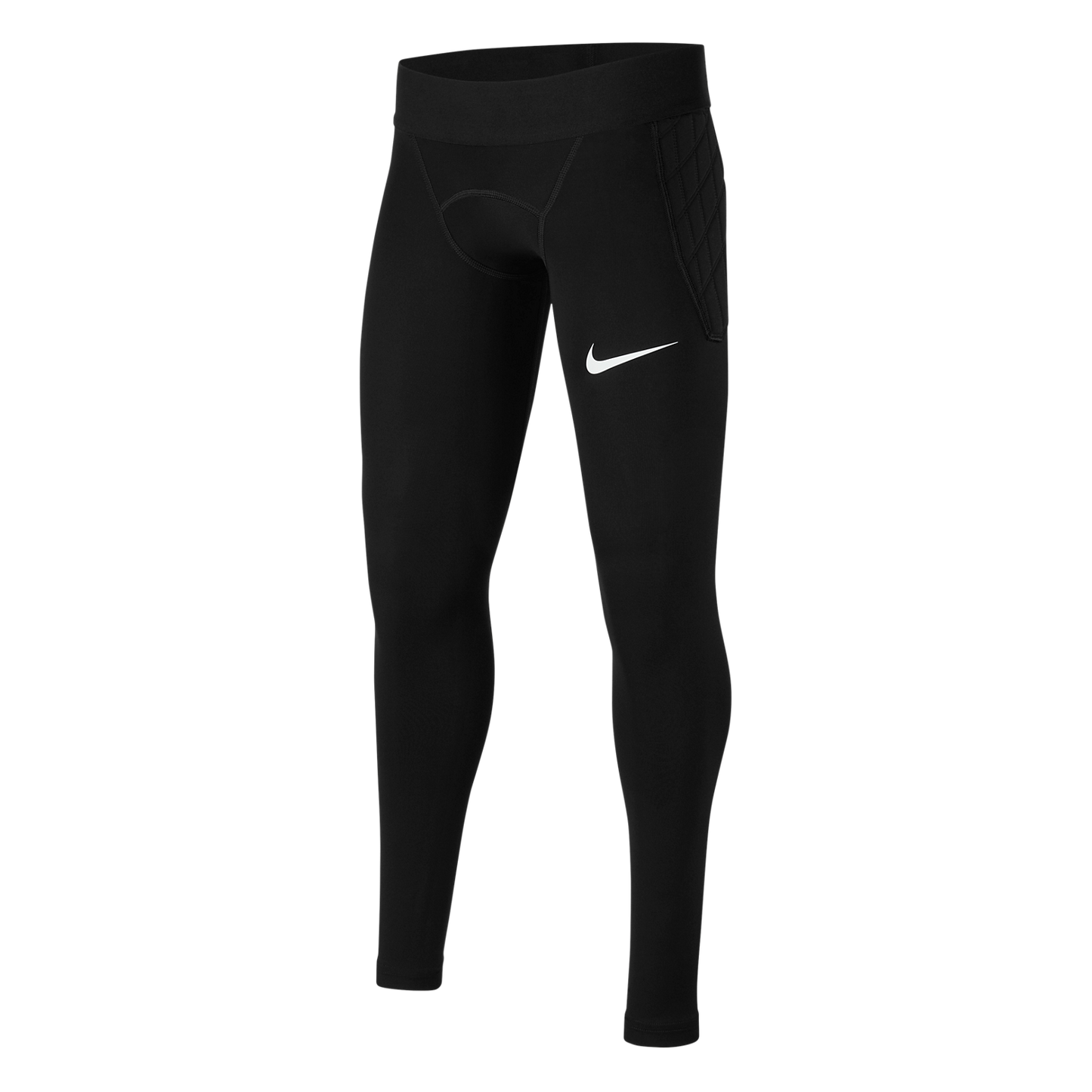 Full-length black Nike compression tights featuring a white swoosh on the left thigh and quilted padding on the outer hip.