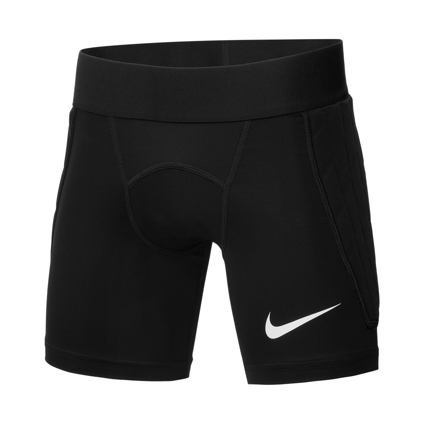 Black Nike athletic compression shorts featuring padded outer hip panels and a white Swoosh logo on the left leg.