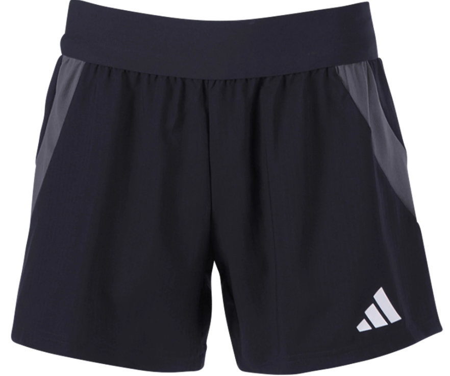 Black Adidas athletic shorts with grey side panels, a wide waistband, and a white Adidas logo on the bottom left.