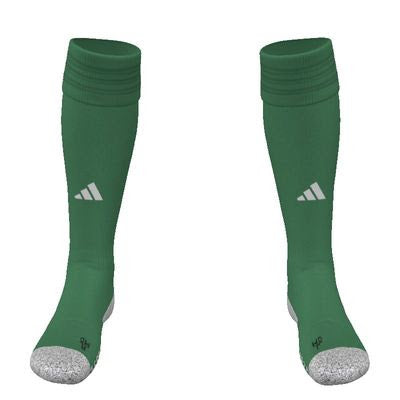 A pair of tall green Adidas soccer socks with white logos on the shins and grey reinforced toes.