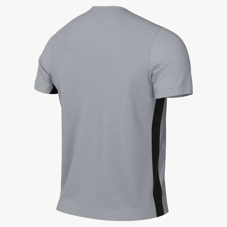 Rear view of a light gray, textured short-sleeved athletic t-shirt with a vertical black stripe on the side.