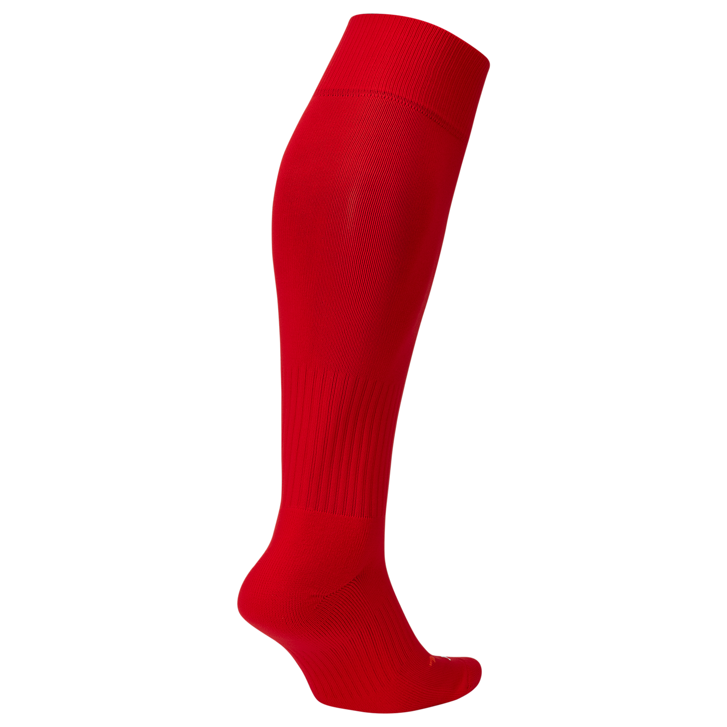 A single vibrant red knee-high athletic sock shown from a side profile against a white background.