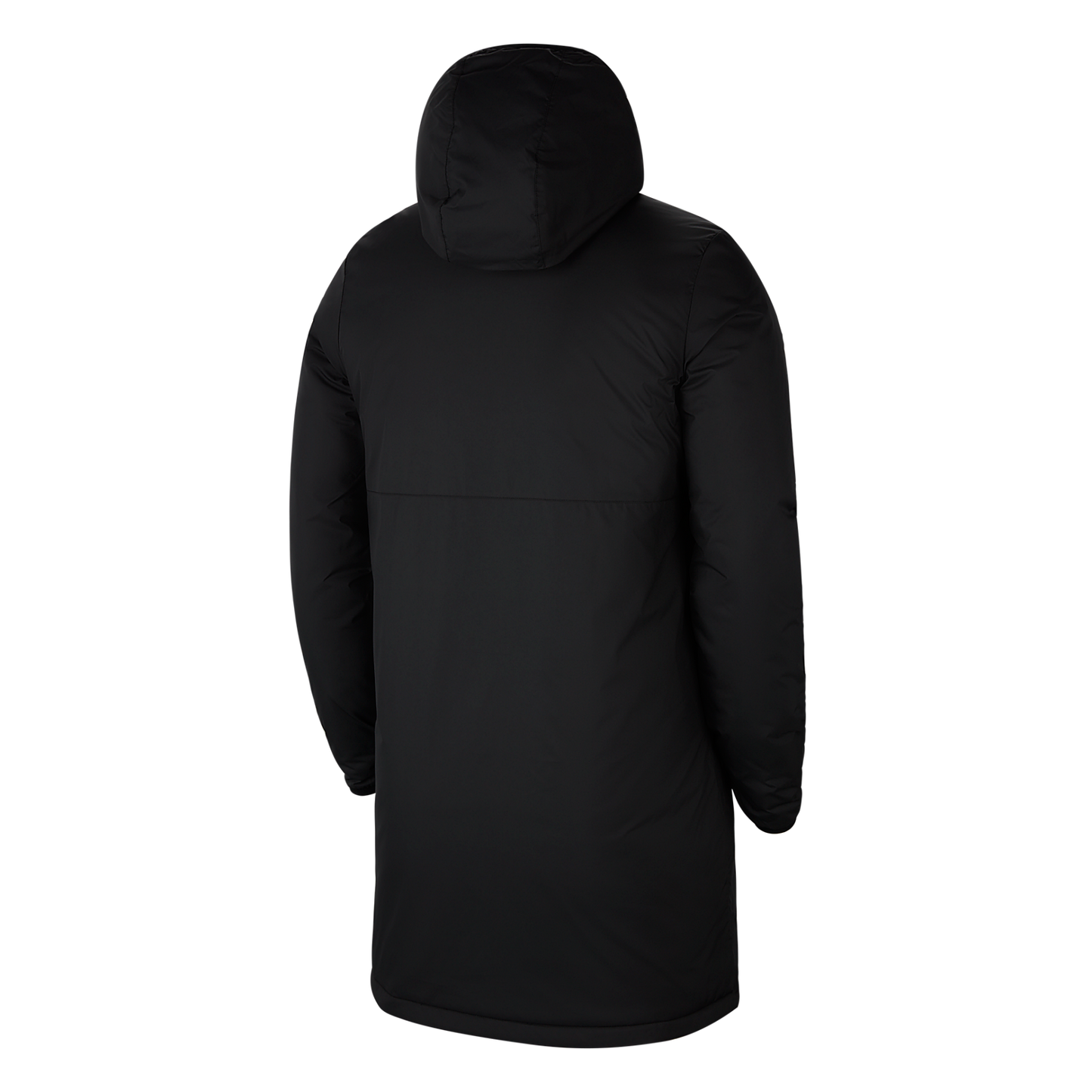 Back view of a long, black hooded parka with a horizontal seam across the middle, shown against a plain white background.