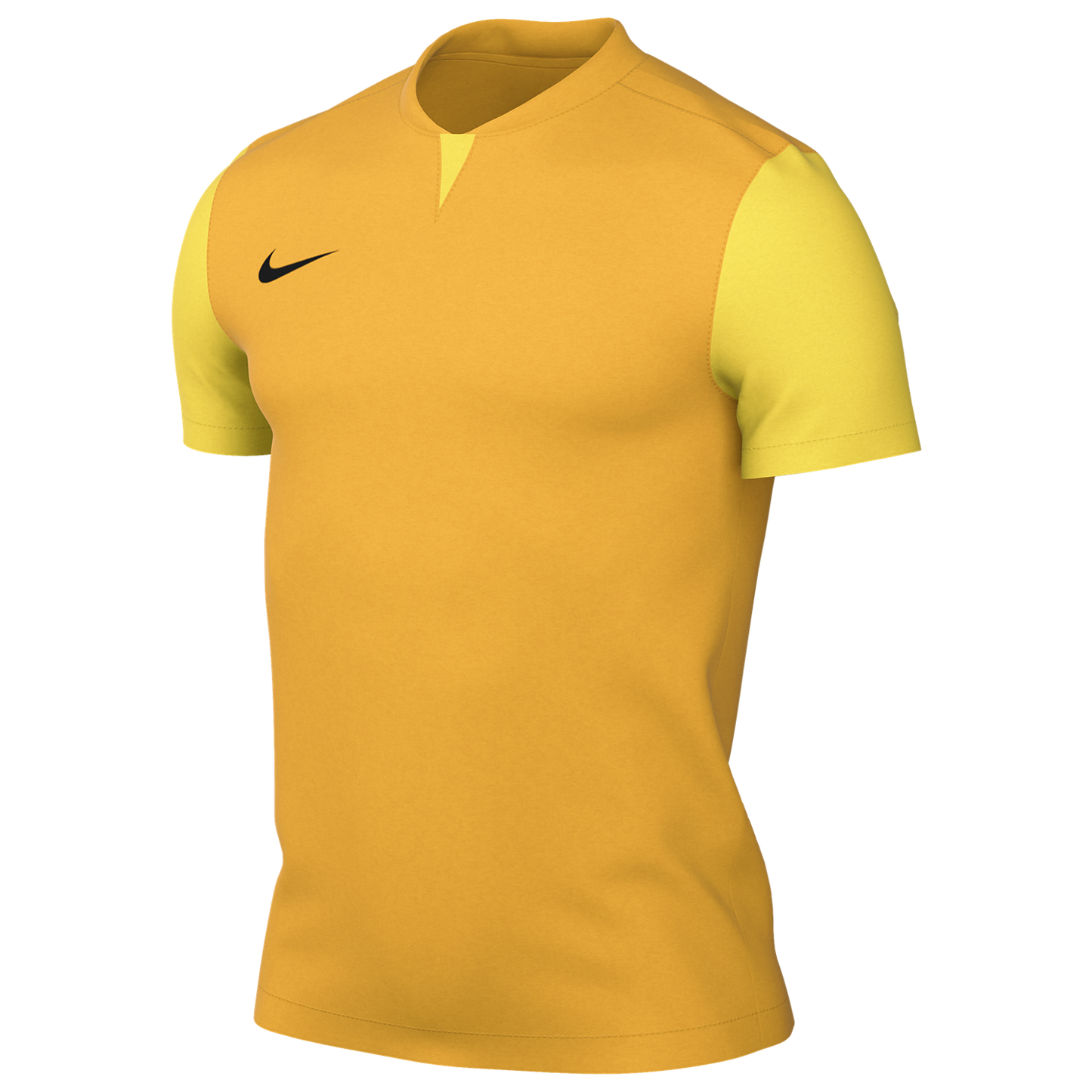 A gold Nike short-sleeved jersey with light yellow sleeves and a black swoosh logo on the chest.