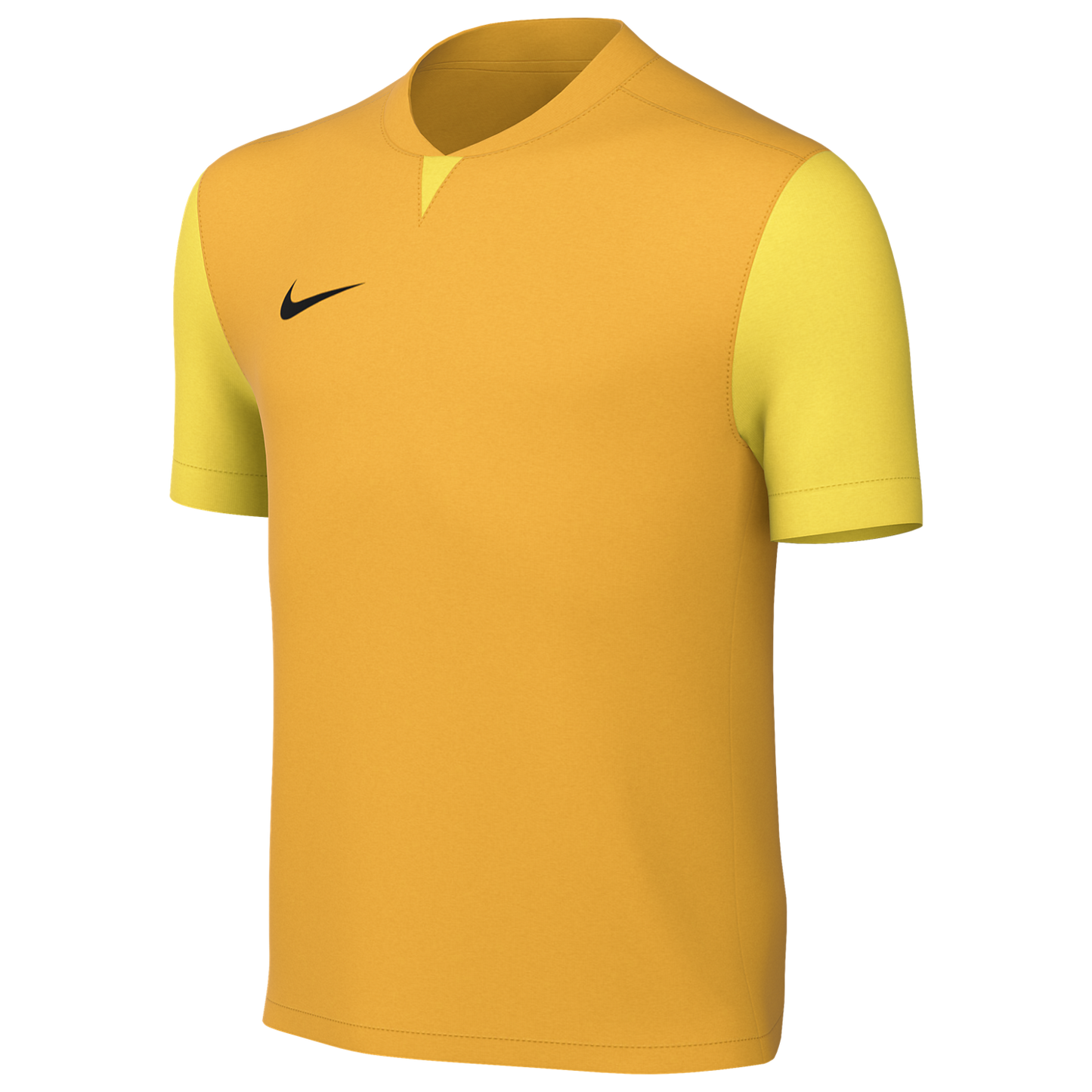 Yellow-orange Nike soccer jersey with bright yellow sleeves and a black swoosh on the chest. The short-sleeved shirt has a subtle V-neck collar.