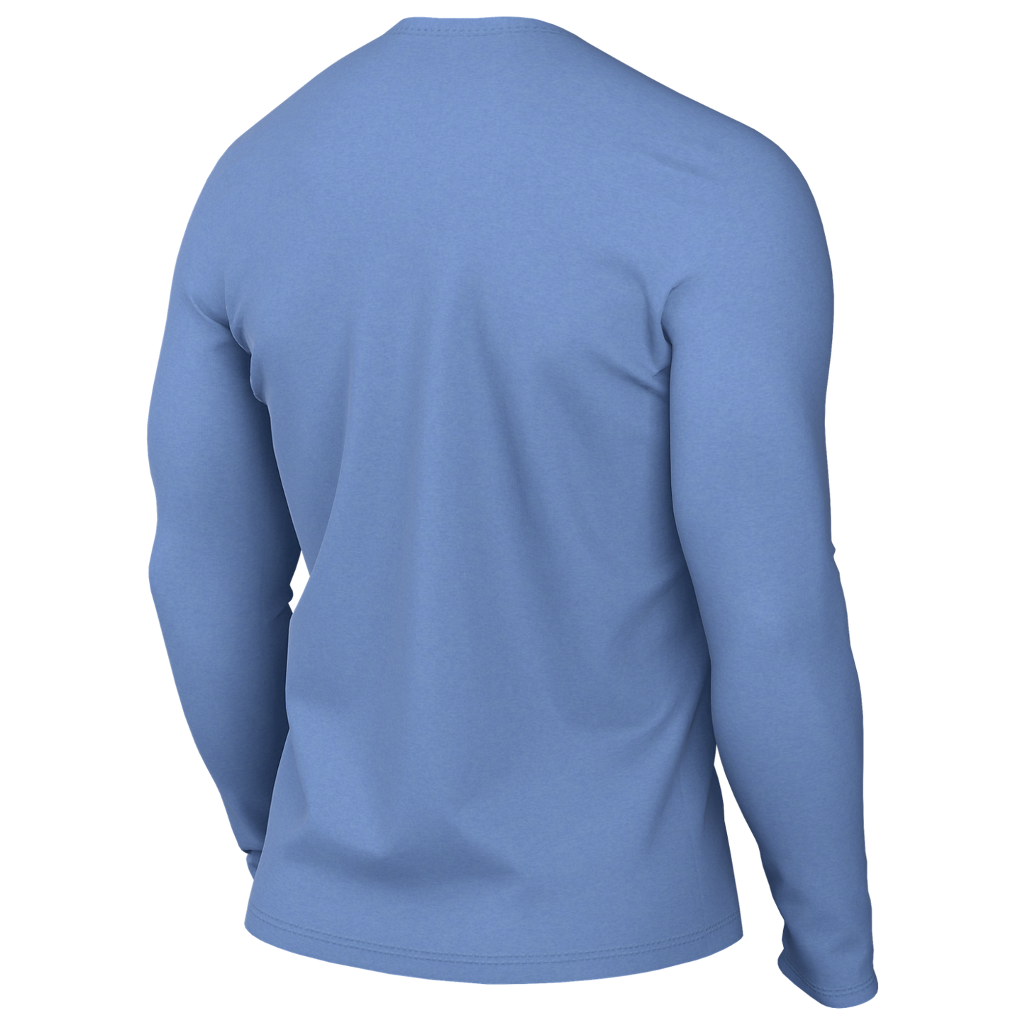 Back view of a plain light blue long-sleeved crew-neck t-shirt.