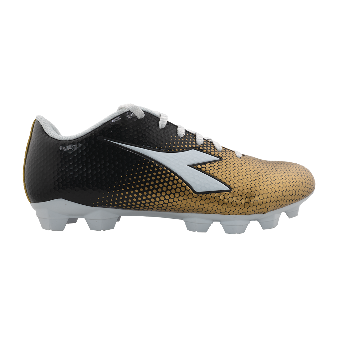 A Diadora soccer cleat with a black-to-gold gradient upper, a white logo on the side, white laces, and a white studded sole.