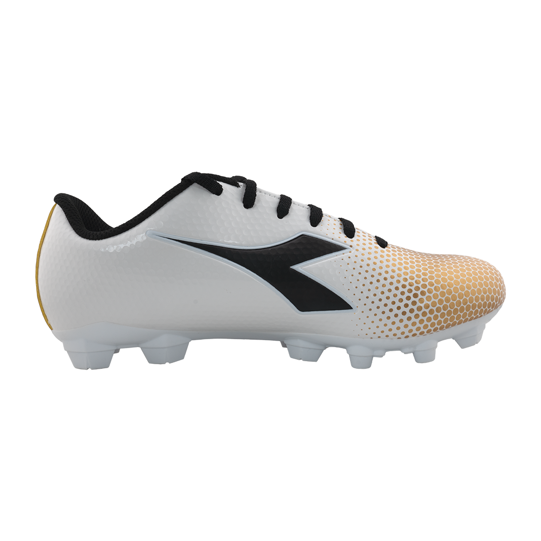 Side view of a white Diadora soccer cleat with black accents and a gold gradient dot pattern on the toe. Features a white cleated sole.