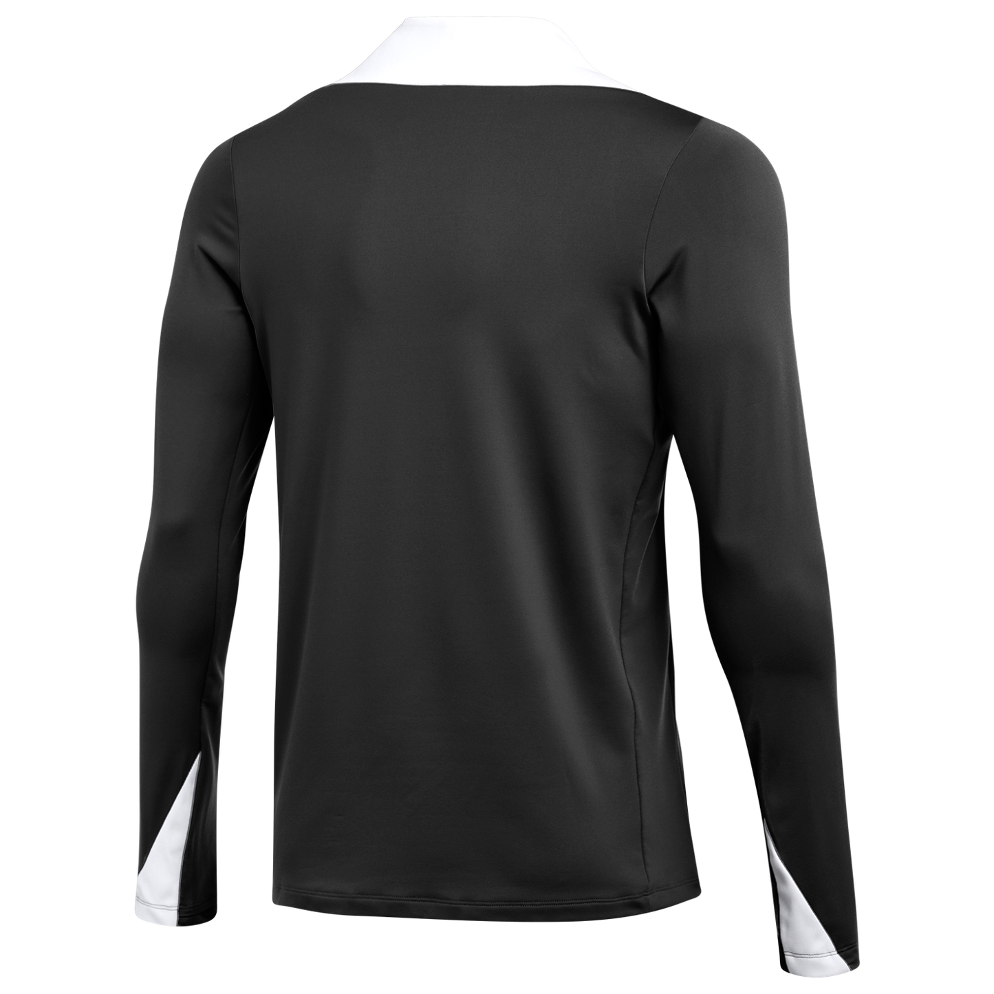 Back view of a black long-sleeved athletic shirt with a white collar and white triangular accents on the cuffs.