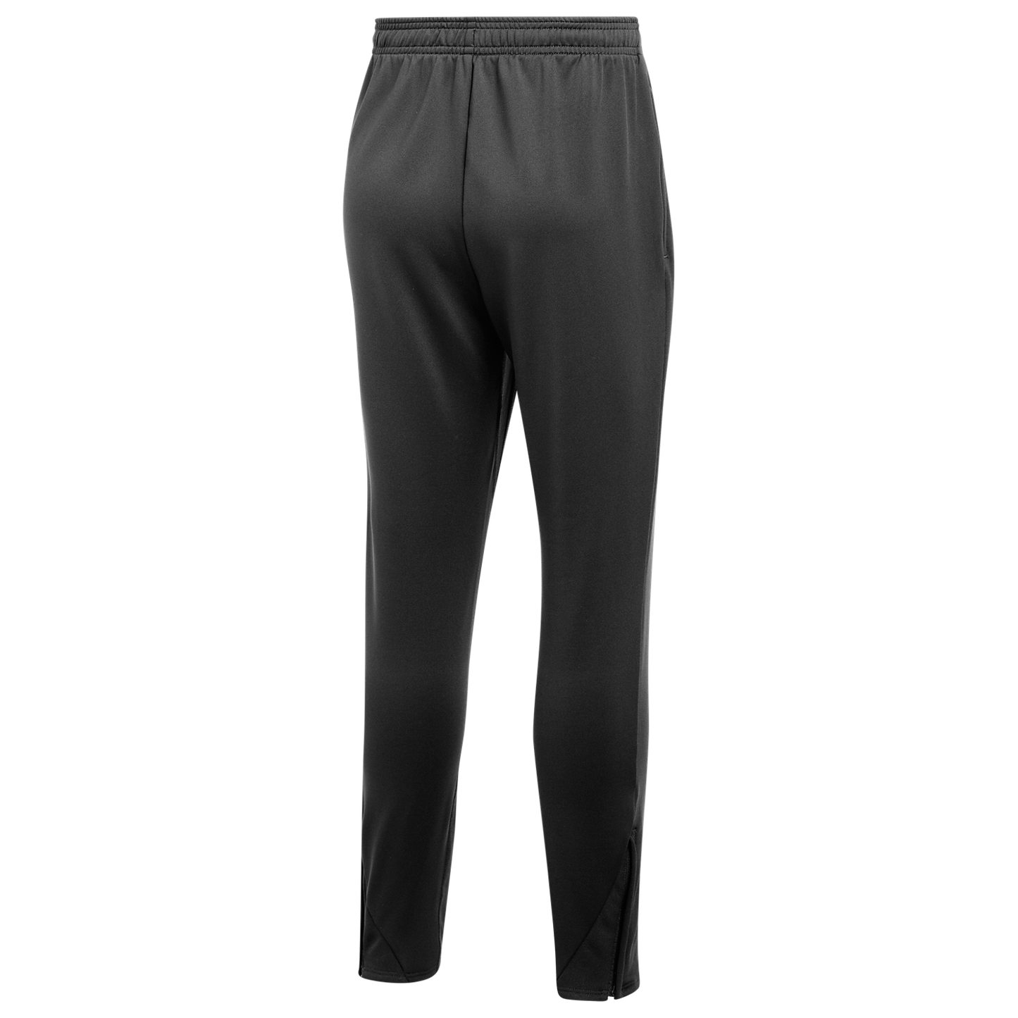 Rear view of black athletic pants with an elastic waistband and ankle zippers, displayed against a white background.