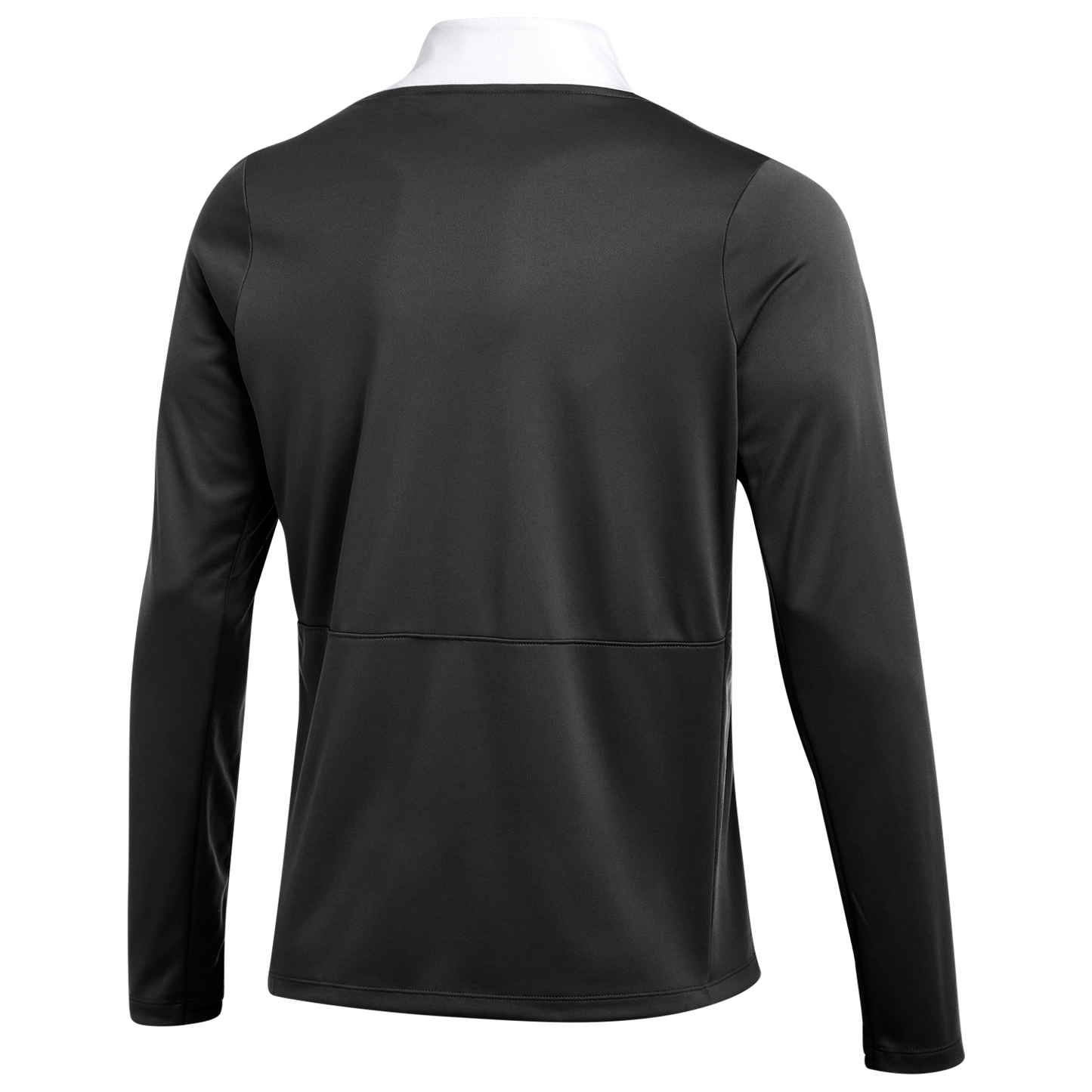 Back view of a black long-sleeved performance top featuring a white mock neck collar and a horizontal seam across the mid-back.