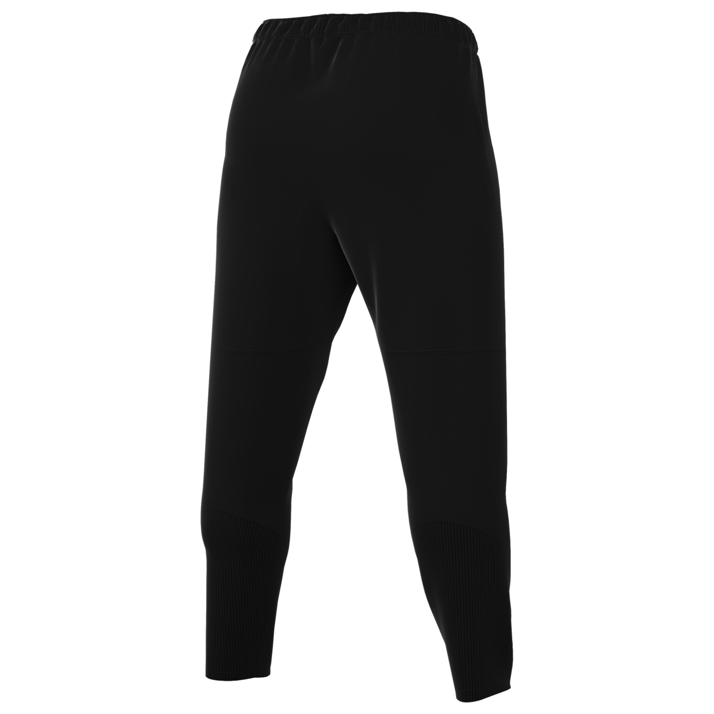 Rear view of black tapered athletic pants with an elastic waistband and ribbed lower leg panels.