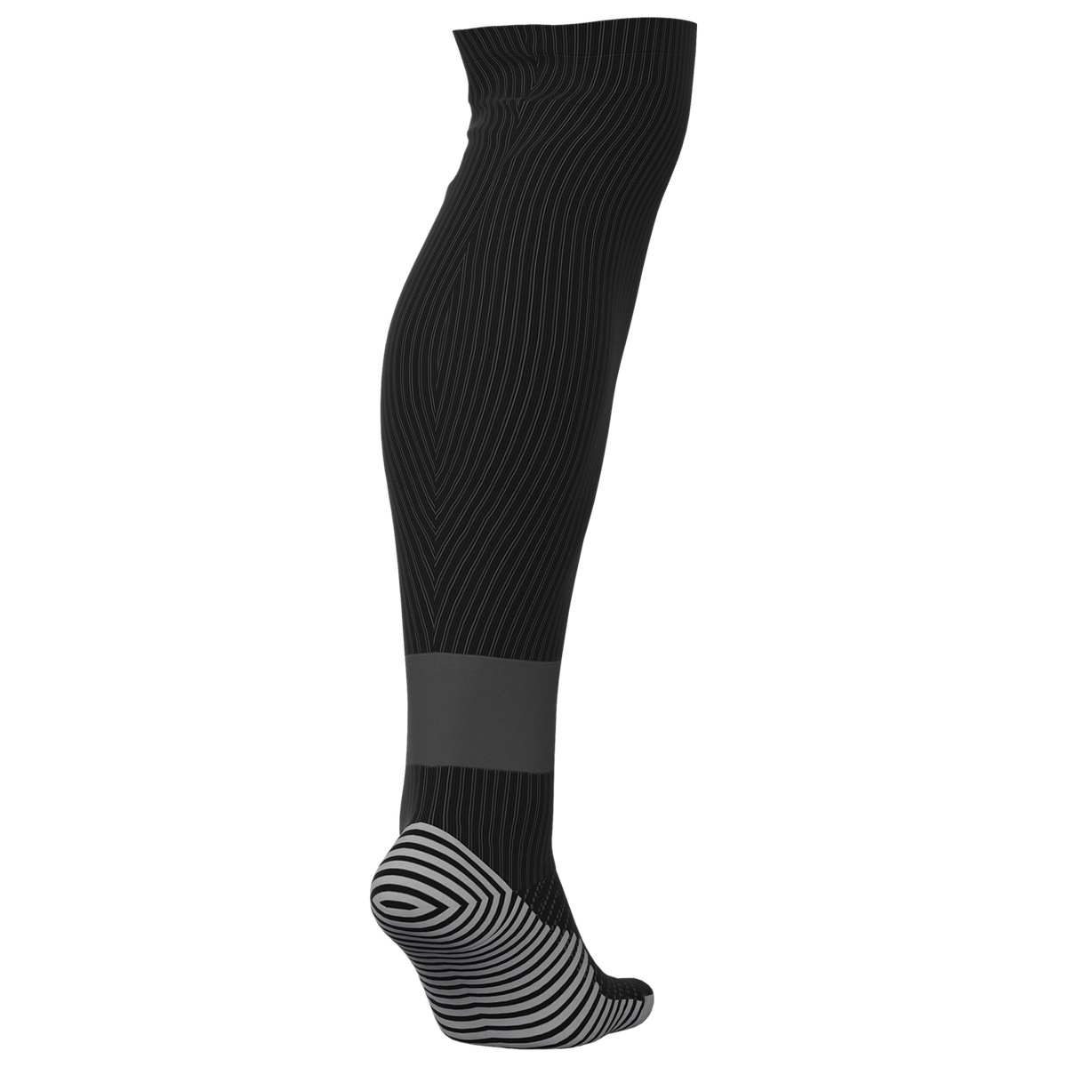 A side-back view of a black knee-high athletic sock with thin vertical stripes on the calf and a textured, striped pattern on the heel and sole.