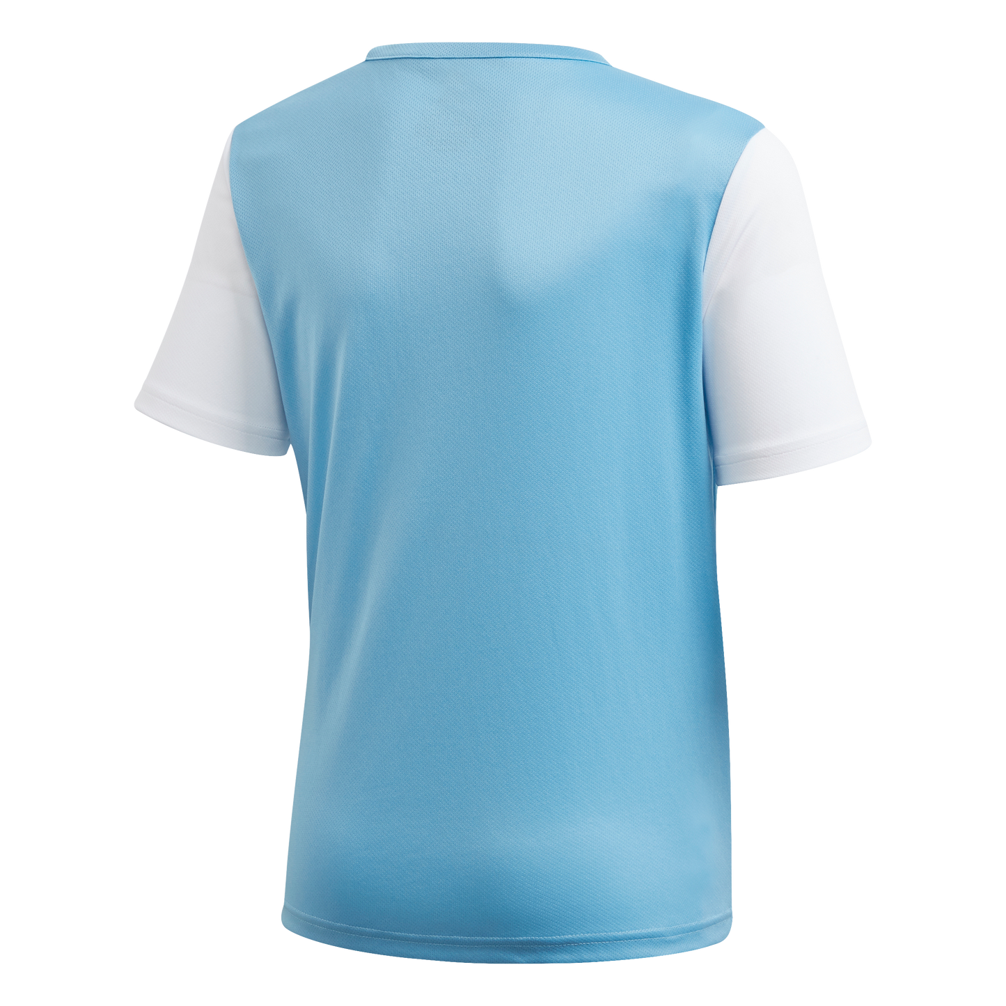 The back of a light blue short-sleeved sports jersey with white sleeves and a round neckline.