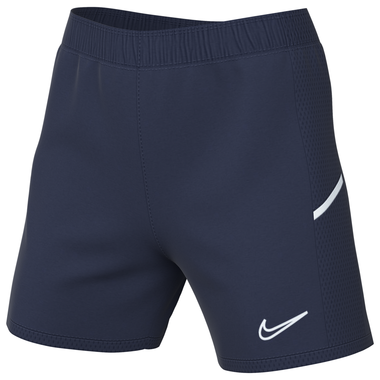 Navy blue Nike sports shorts featuring a white swoosh logo, an elastic waistband, and mesh side panels with a white stripe.
