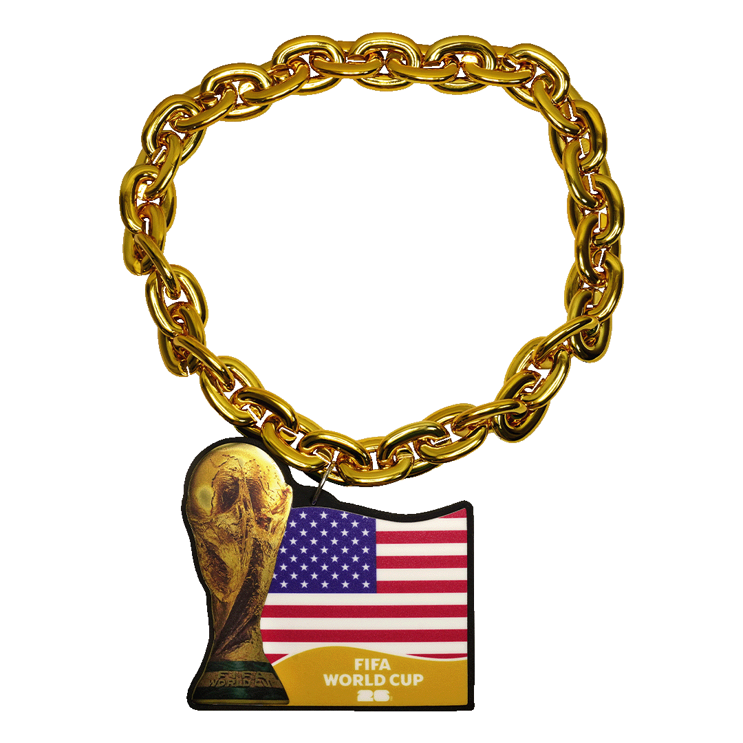 A chunky gold-colored link chain with a pendant featuring the FIFA World Cup trophy next to the United States flag and the text "FIFA WORLD CUP 26."