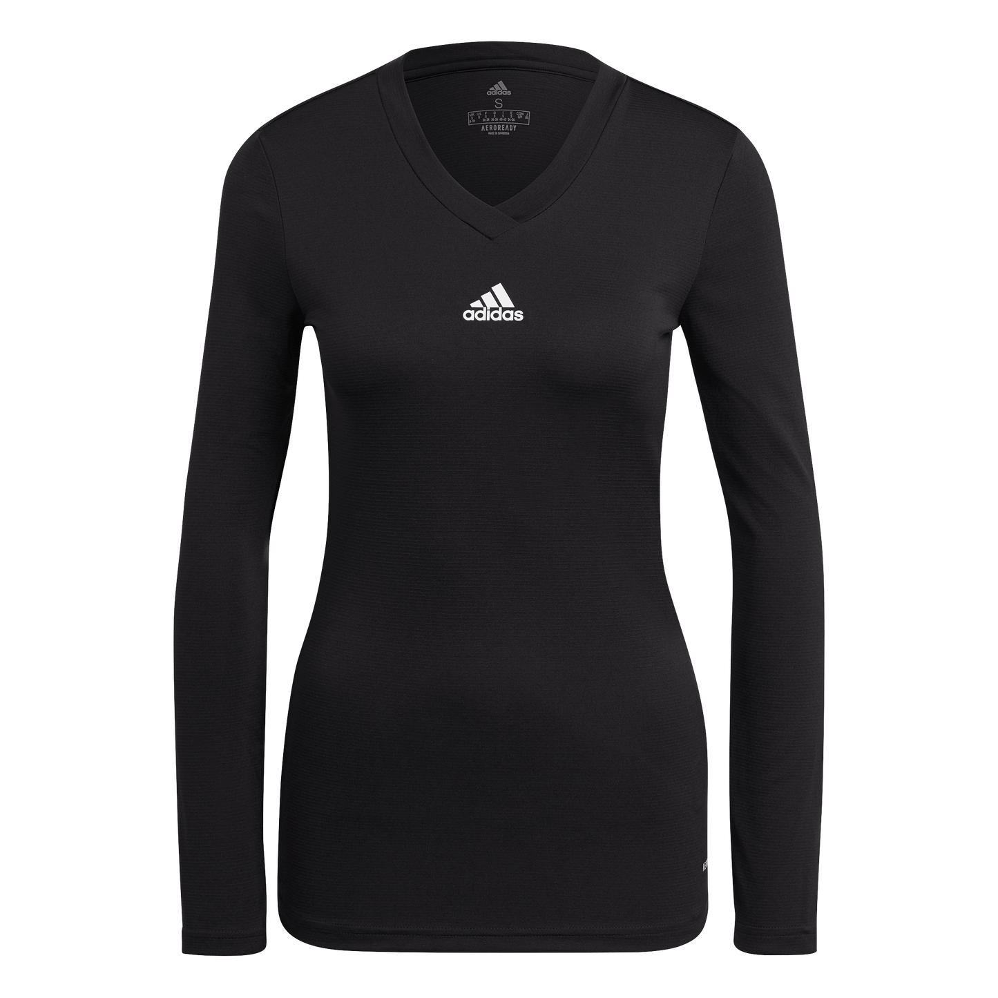 A black long-sleeved Adidas v-neck athletic shirt with a small white logo centered on the chest.