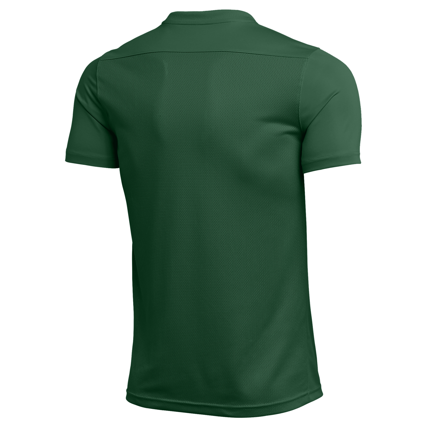 Back view of a dark green athletic t-shirt with a breathable mesh back panel and smooth fabric on the sleeves and upper yoke.