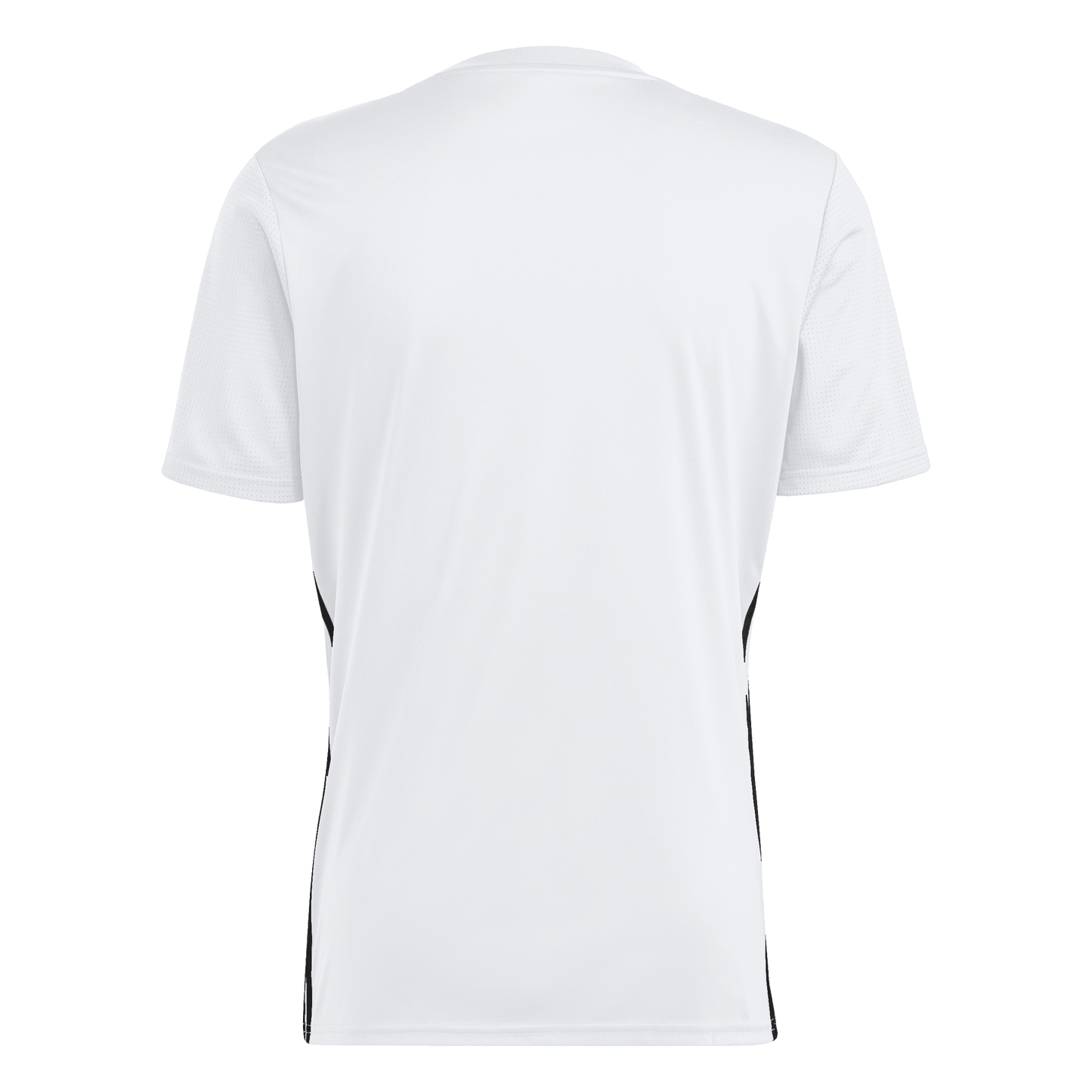 Back view of a white short-sleeved athletic t-shirt with thin black vertical stripes along the sides.