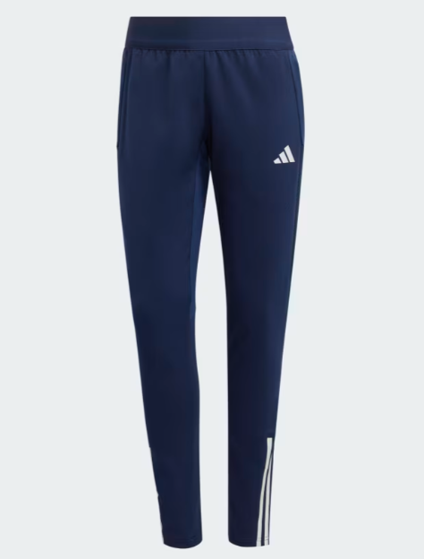 Navy blue Adidas track pants with a white logo on the left hip and white stripes on the lower leg.