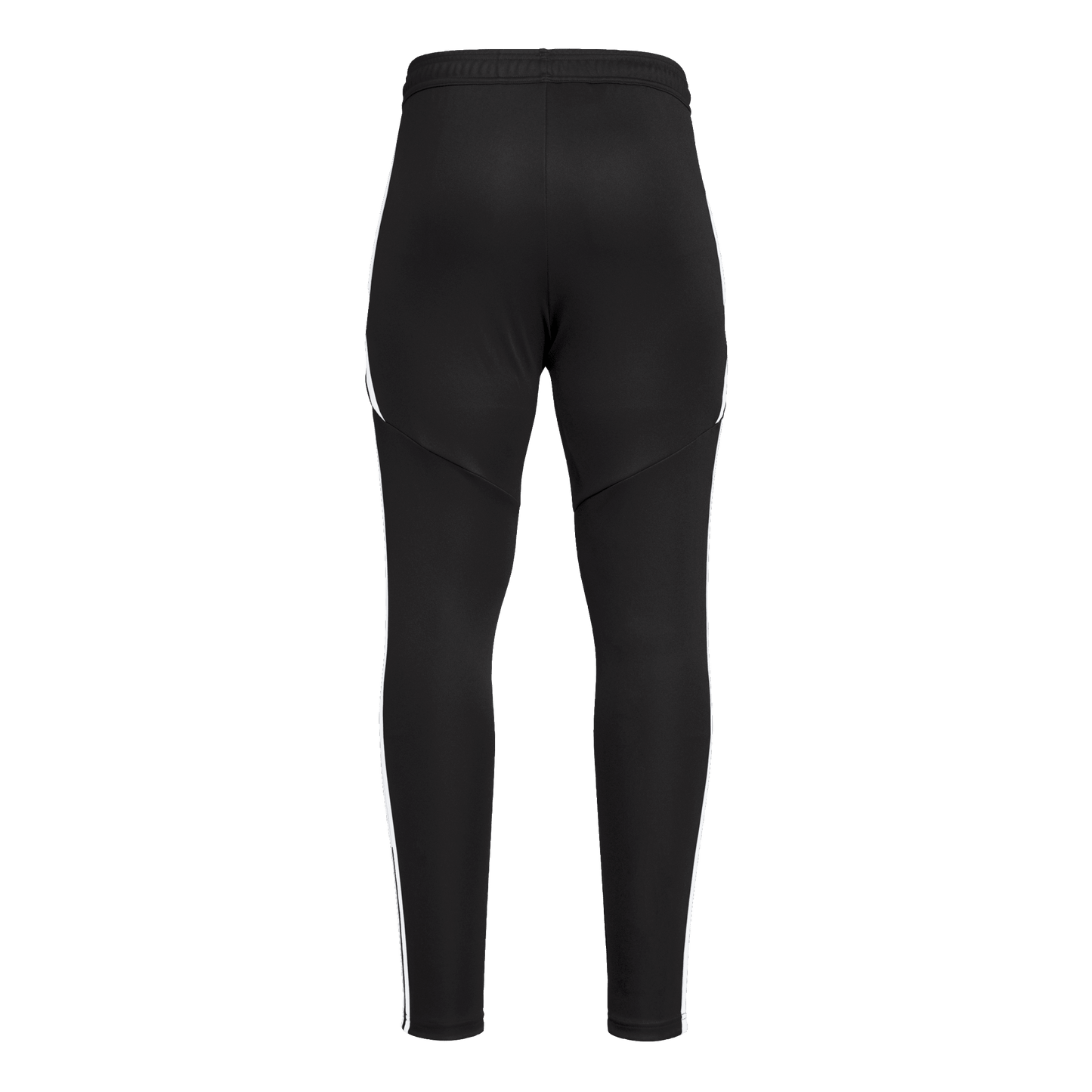 Back view of black athletic track pants with thin white stripes down the sides and a tapered leg.