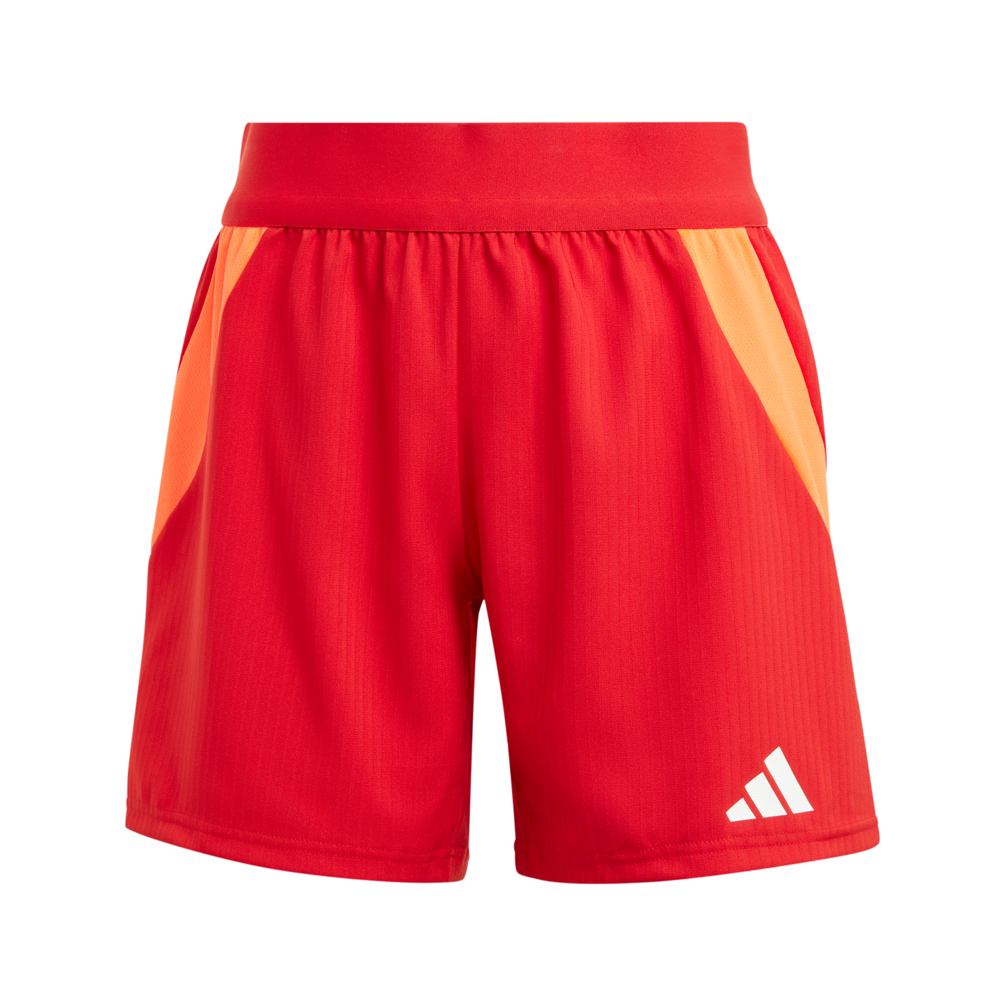 Red athletic shorts with orange side panels and a white Adidas logo on the lower left leg, set against a black background.