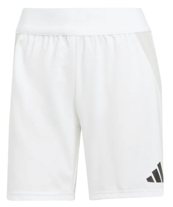 White Adidas athletic shorts featuring a wide elastic waistband and a black logo on the lower leg.