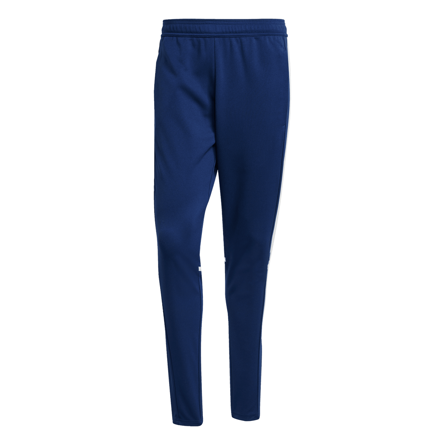 Navy blue slim-fit athletic pants with thin white side stripes, displayed on a plain white background.