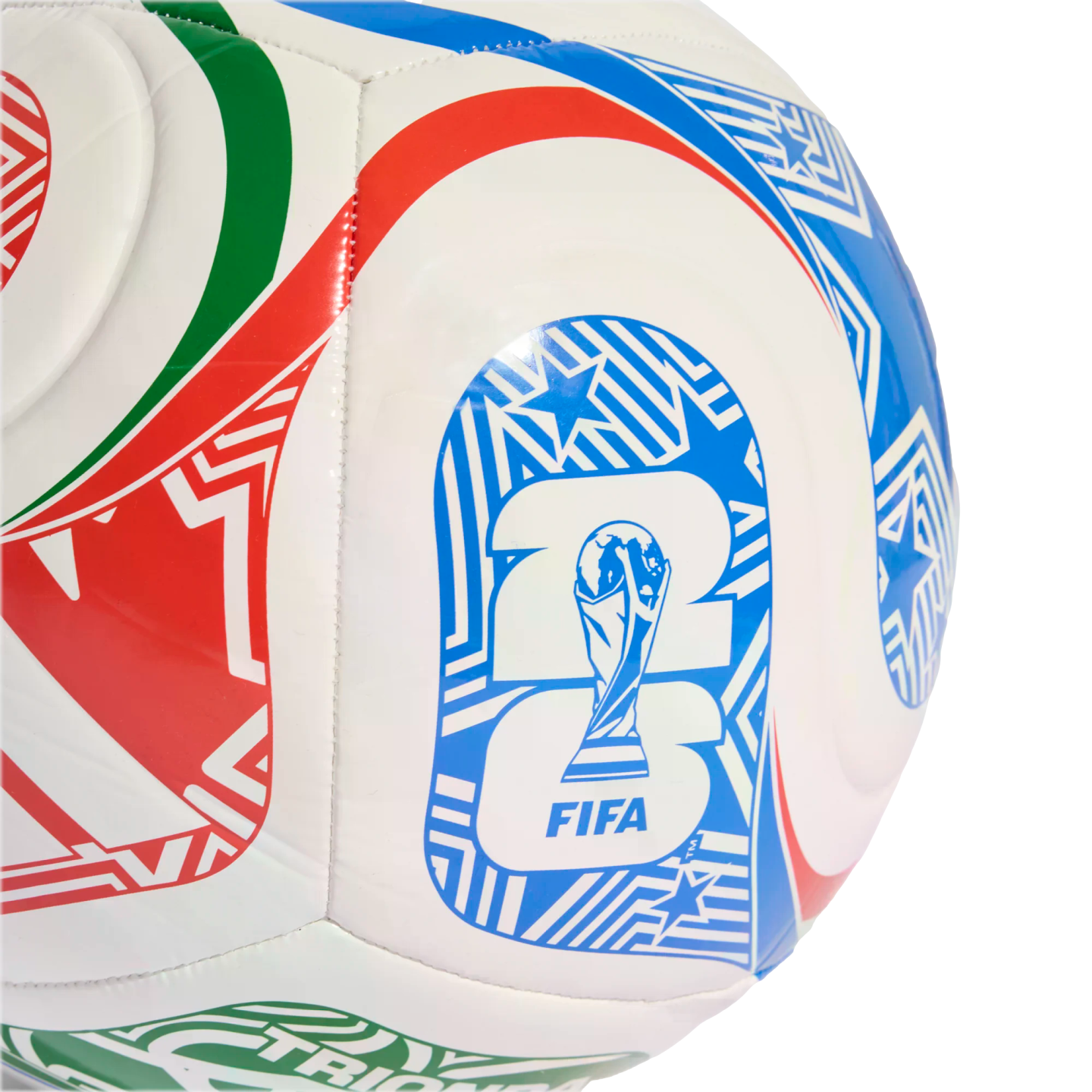 Close-up of a white soccer ball featuring red, green, and blue geometric patterns and the FIFA World Cup 26 logo with a trophy icon.