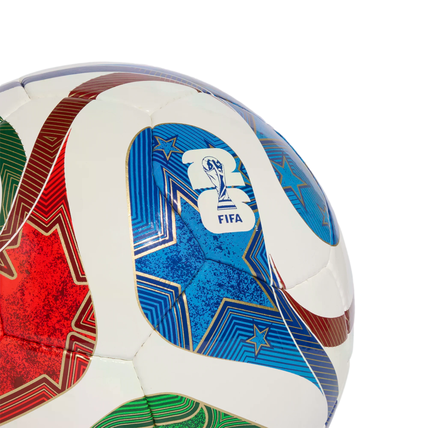 Close-up of a white soccer ball with red, blue, and green geometric star designs and the FIFA World Cup 2026 logo, set against a solid black background.
