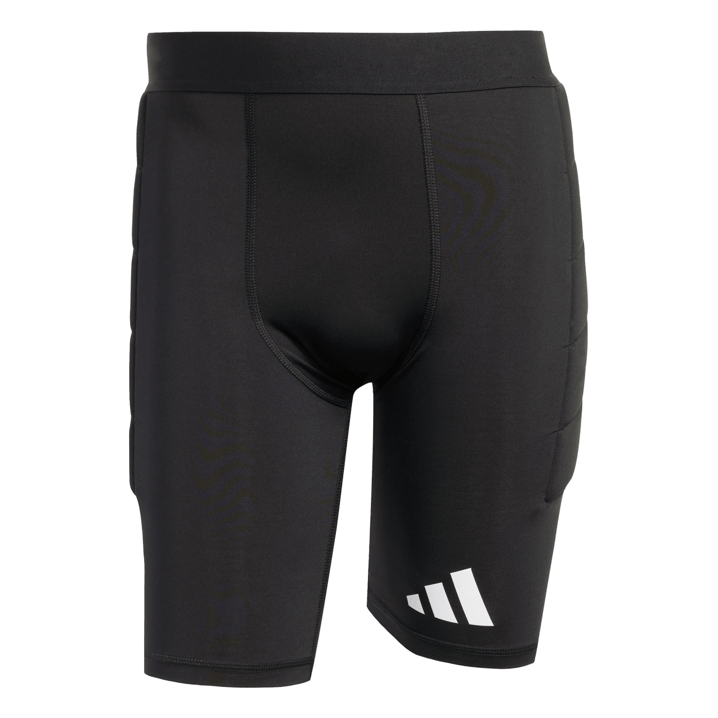 Black Adidas padded athletic compression shorts with a white logo on the lower left leg and protective side padding.