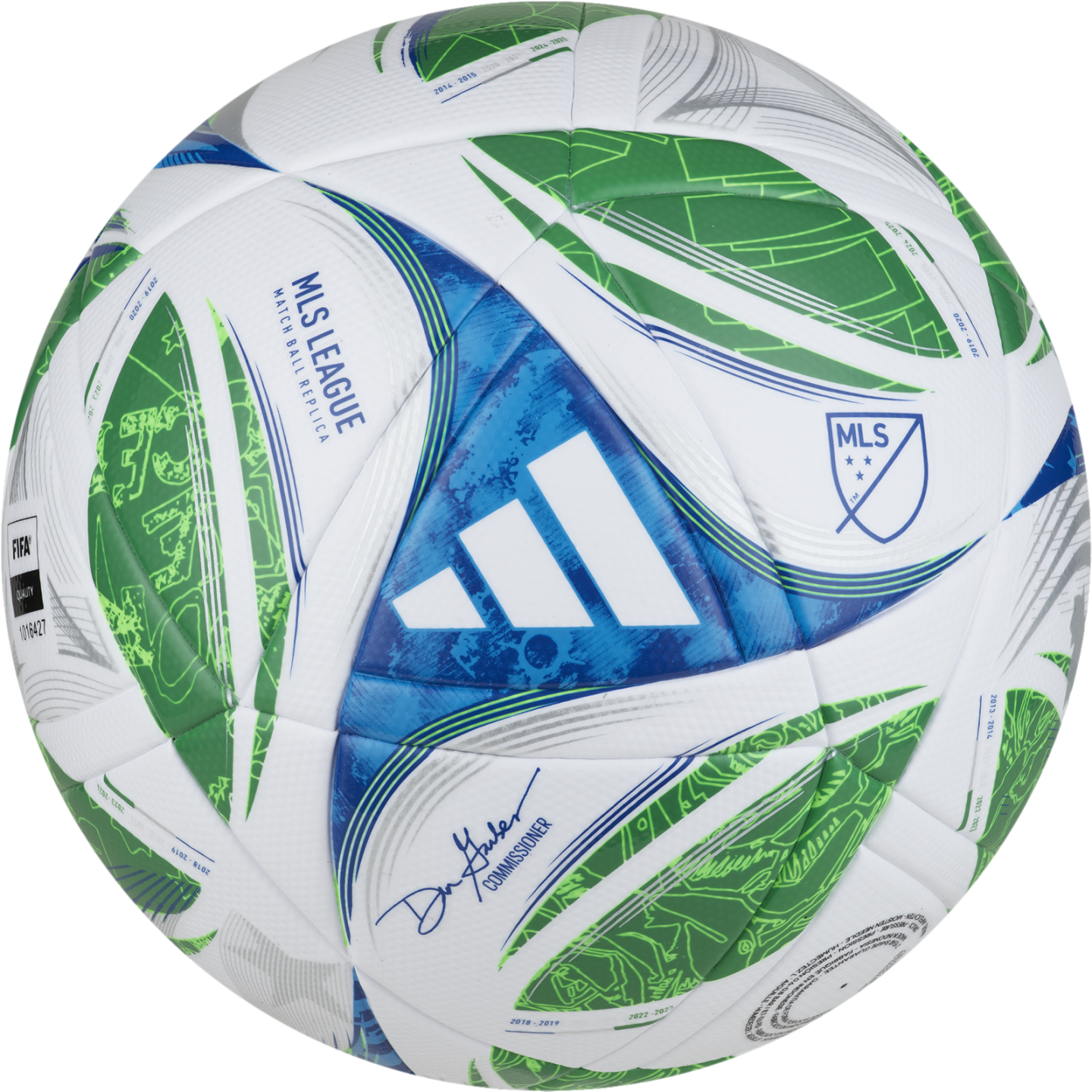 Adidas MLS League replica soccer ball featuring white, green, and blue graphics, the MLS shield, and Commissioner Don Garber's signature.