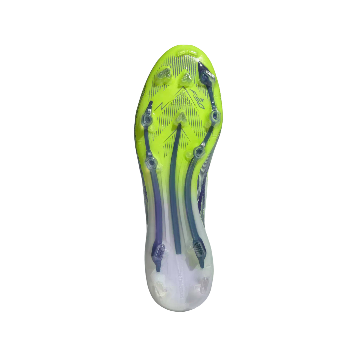Underside view of a neon yellow soccer cleat featuring clear triangular studs, purple structural supports, and "F50" branding. The heel is translucent white.