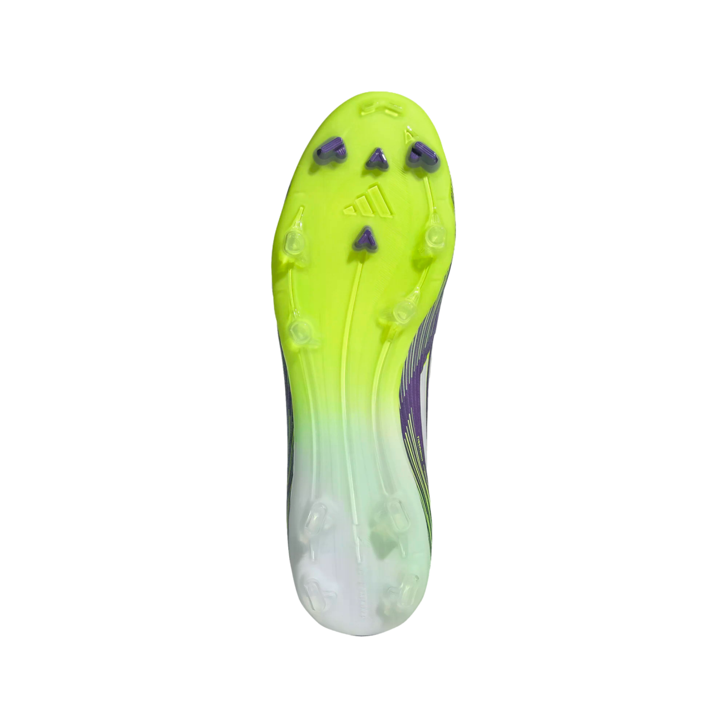 Neon yellow and white Adidas soccer cleat soleplate with purple and clear studs, viewed from the bottom against a black background.
