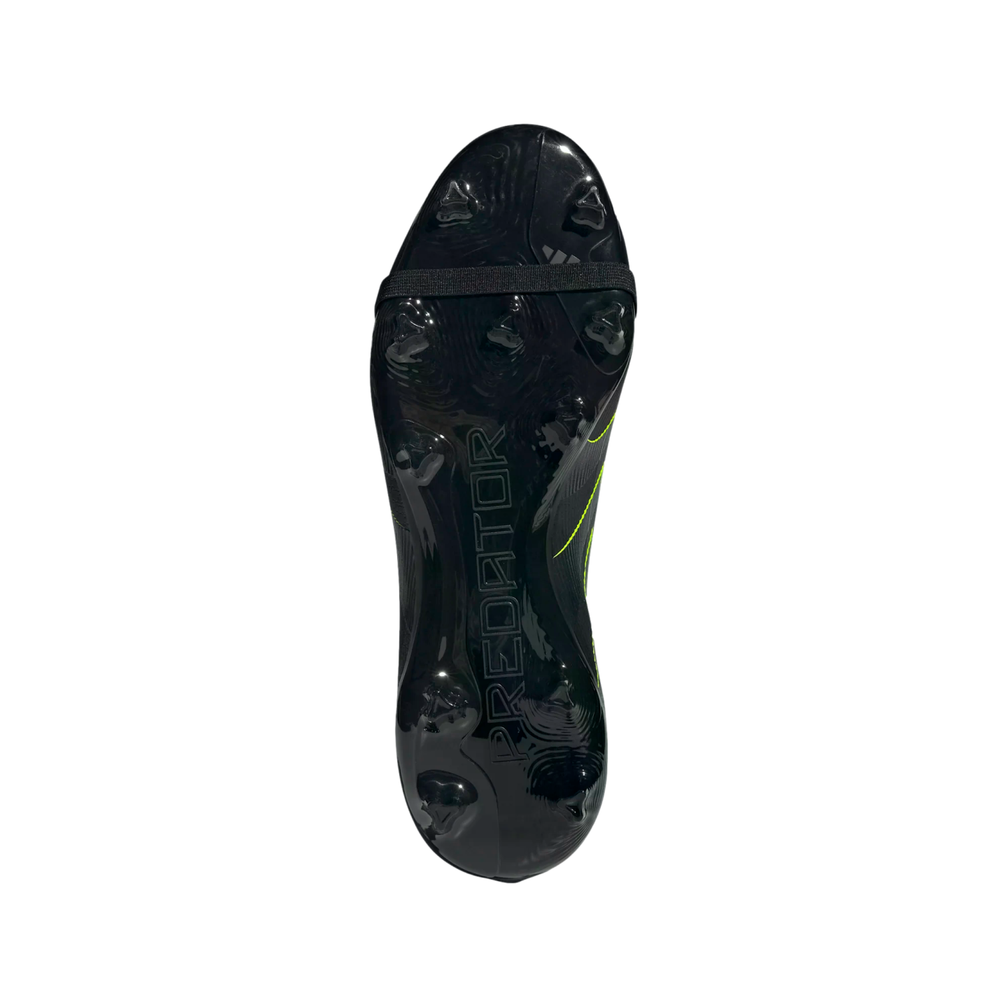 The soleplate of a black Predator soccer boot, featuring molded studs, an embossed logo, and a black elastic forefoot strap.