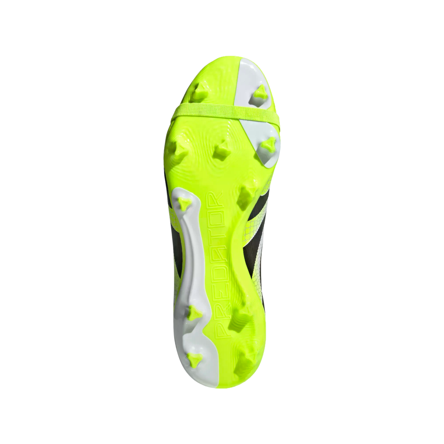 Bottom view of a neon yellow and white Adidas Predator soccer cleat showing the stud pattern and embossed "PREDATOR" branding on a black background.