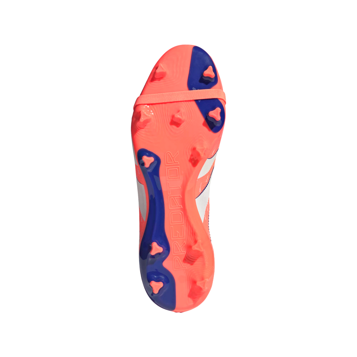 Bottom view of a coral and blue Adidas Predator soccer cleat featuring a studded outsole, embossed "PREDATOR" text, and a forefoot strap.