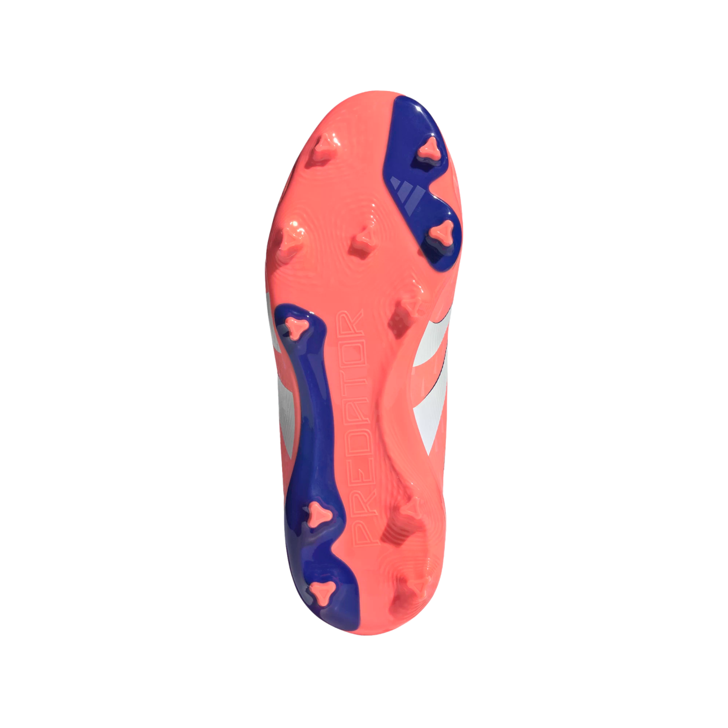 Underside of a coral-pink and blue Adidas Predator soccer cleat with triangular studs and embossed "PREDATOR" text, isolated on a black background.