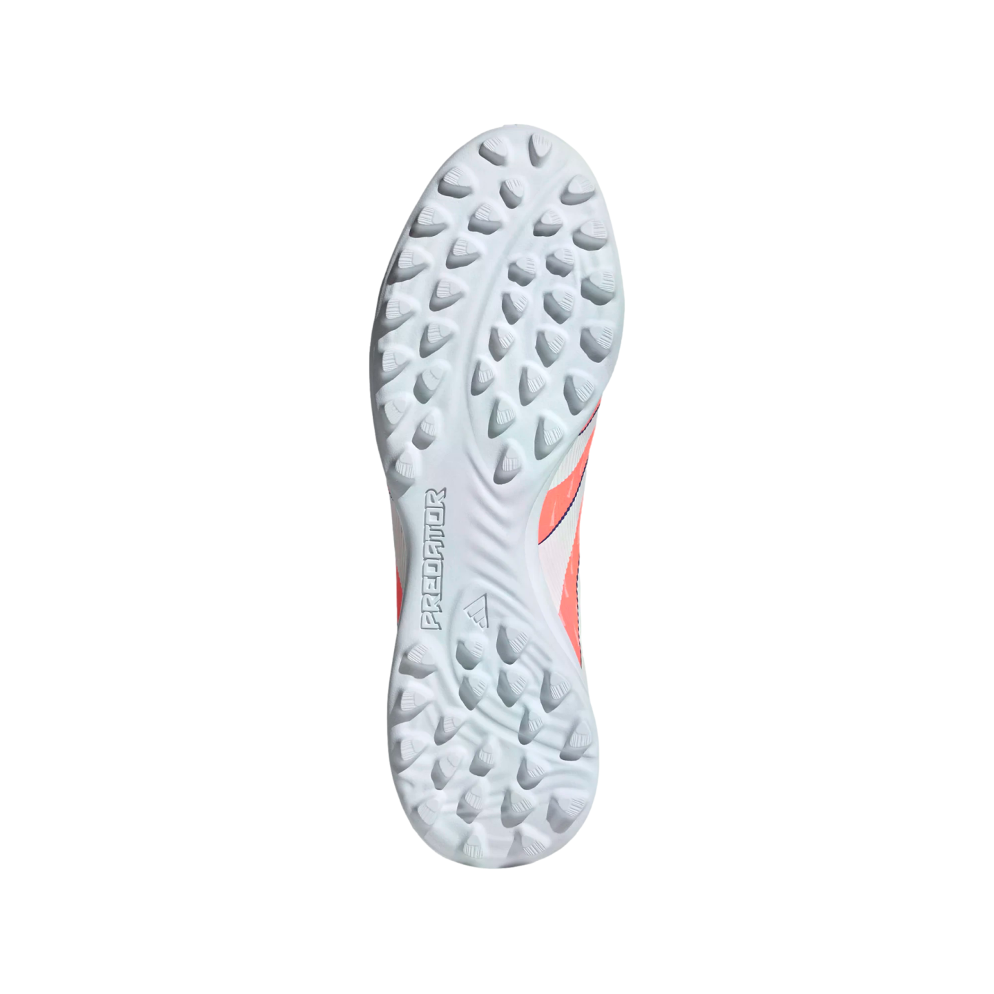 Light blue and orange rubber outsole of an Adidas Predator turf soccer shoe with traction studs on a black background.