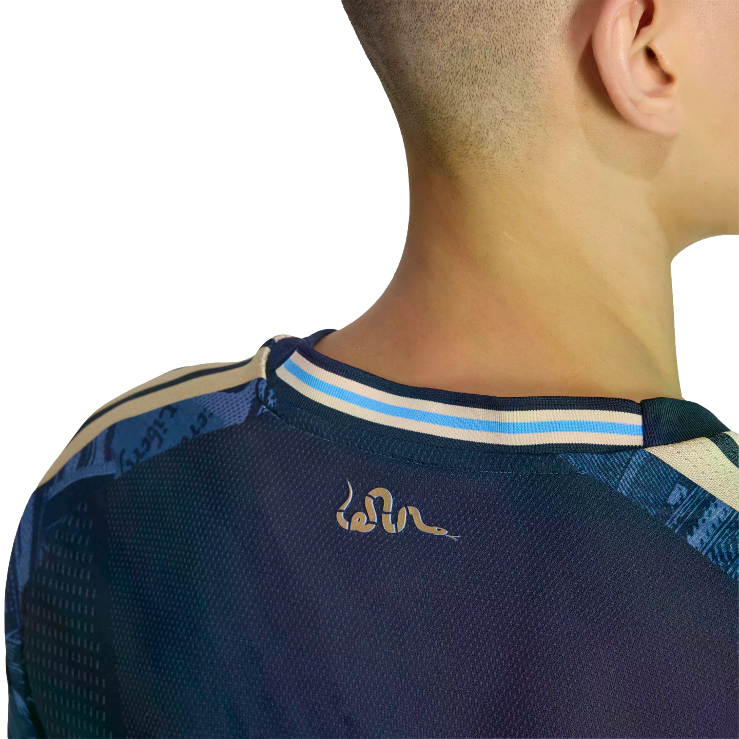 A close-up back view of a person's head and neck wearing a navy blue jersey with a small rattlesnake logo and a light blue and tan striped collar.