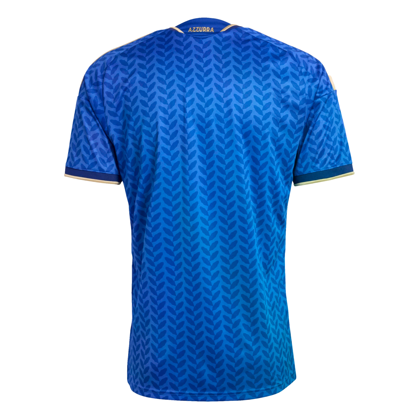 Back view of a blue soccer jersey with a leaf pattern and gold trim on the neck and sleeves. Gold 'AZZURRA' text on the back collar. Black background.