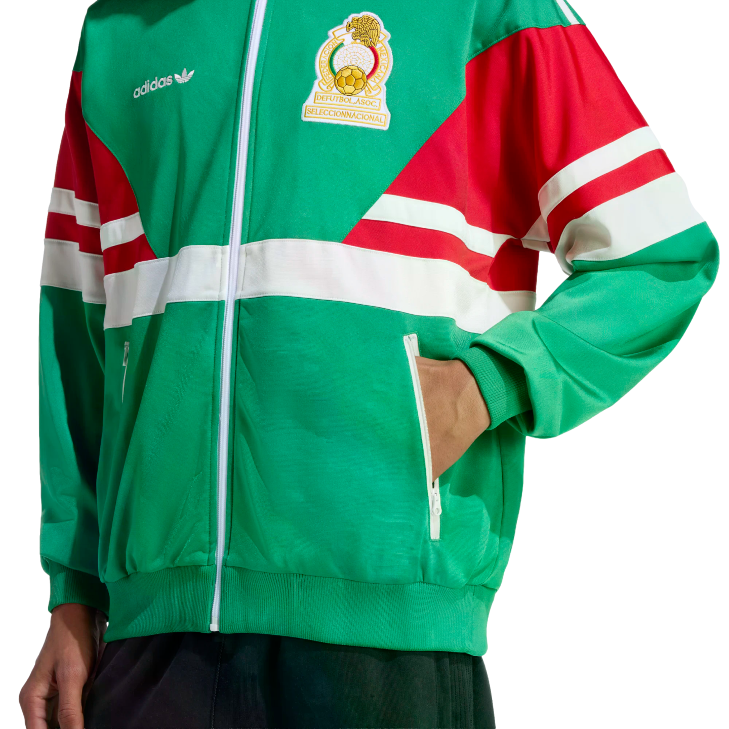 A green Adidas Mexico national football team track jacket featuring red and white stripes and a vintage federation crest.