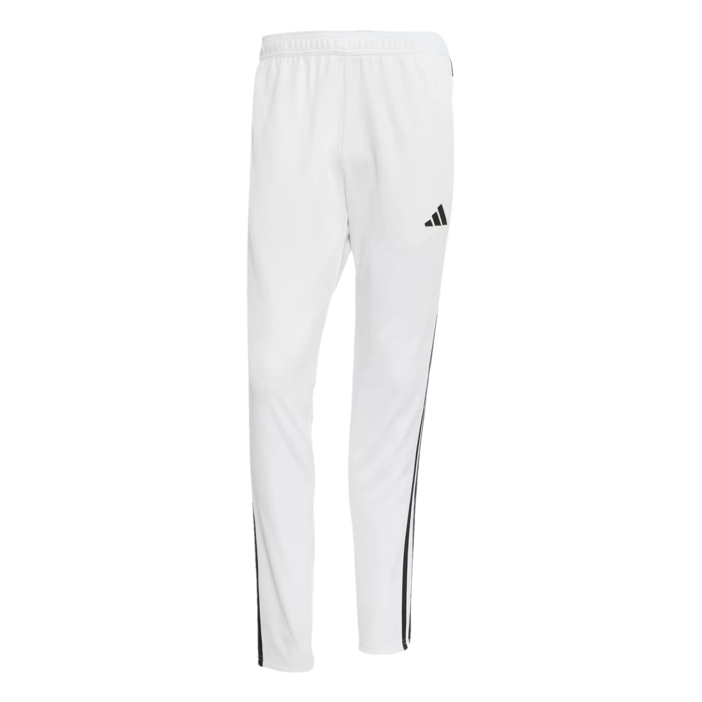 A pair of white Adidas track pants featuring a black logo on the right thigh and black stripes along the lower side of each leg.
