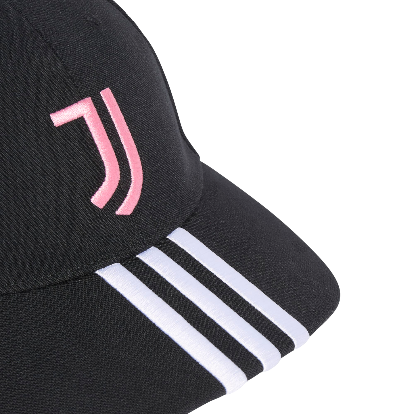 A black baseball cap with a pink embroidered Juventus logo on the front and three white stripes on the brim.