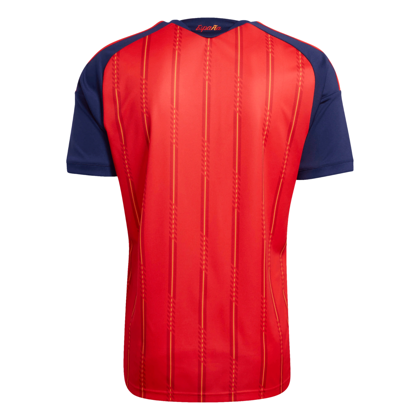 Back view of a red sports jersey with navy blue sleeves, featuring yellow vertical stripes and the word "España" printed in gold below the neckline.