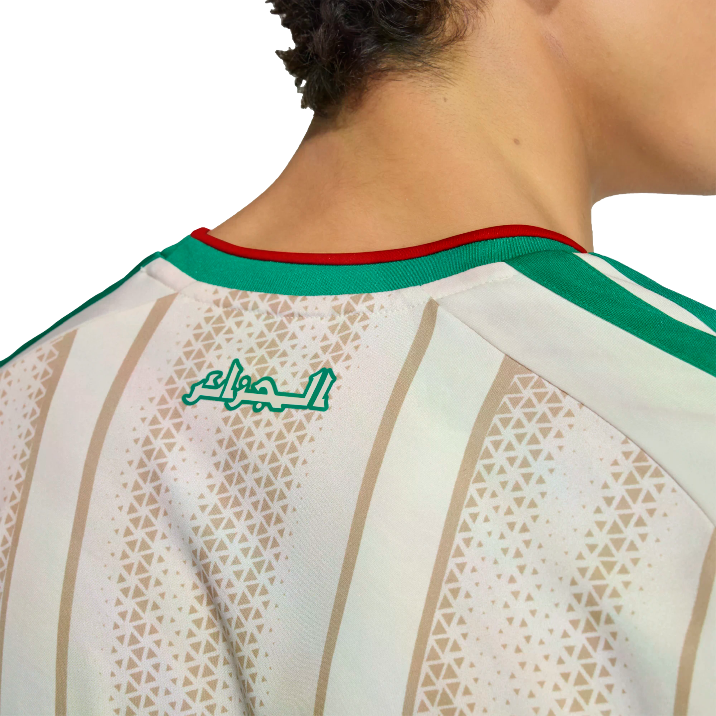 Back view of a person wearing an Algerian national football team jersey with "Algeria" in Arabic script, white and gold stripes, and a green and red collar.