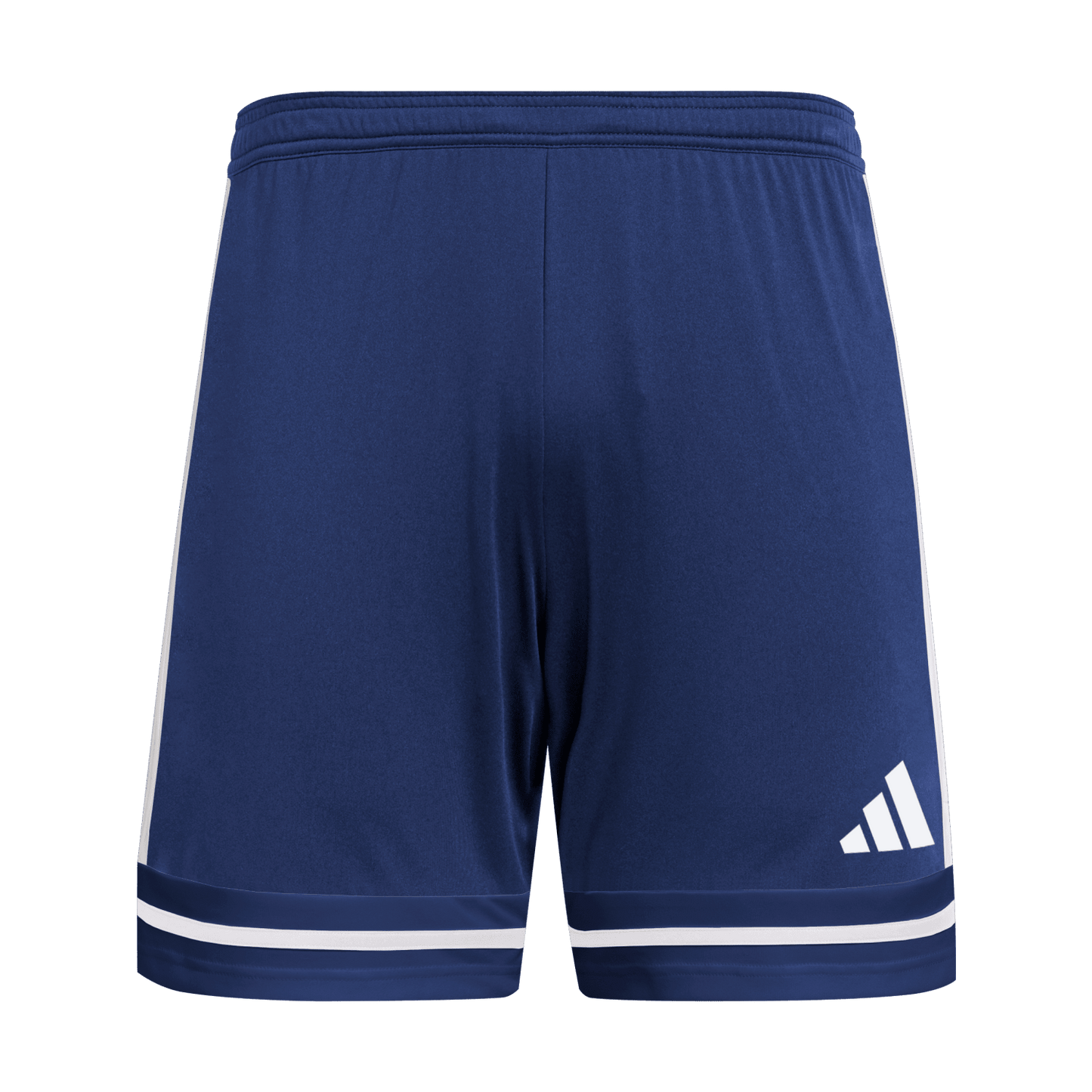 Navy blue Adidas soccer shorts featuring white side stripes, white horizontal bands near the leg hems, and a white Adidas logo on the right leg.