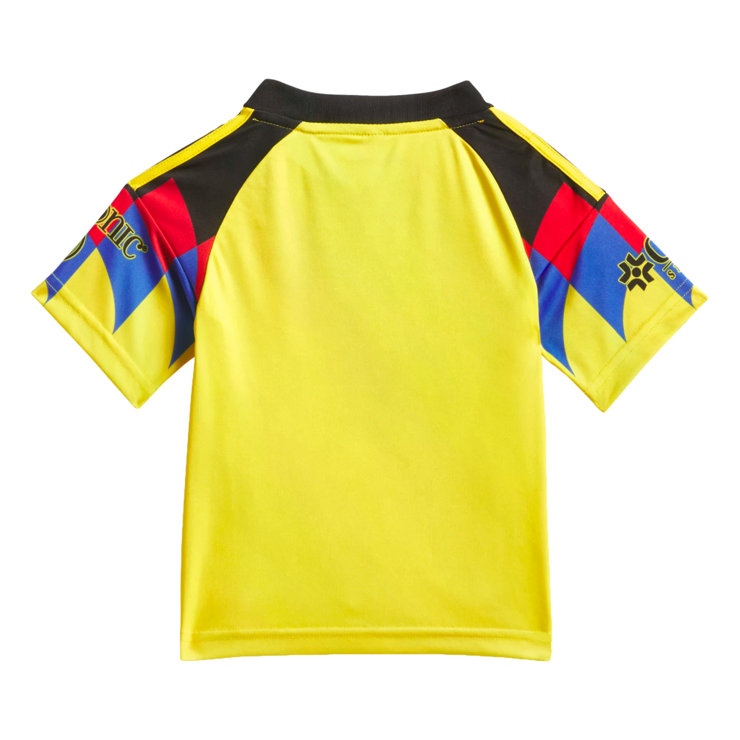 Back view of a bright yellow short-sleeved jersey with black shoulders and vibrant red, blue, and yellow geometric patterns on the sleeves.