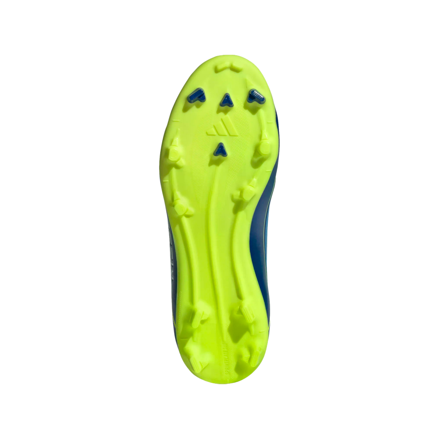 Bottom view of a neon yellow Adidas soccer cleat sole with dark blue and yellow studs on a black background.